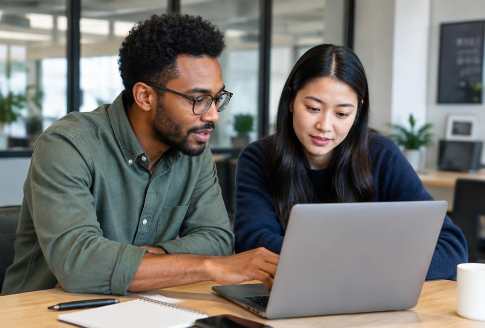 Two coworkers reviewing tasks